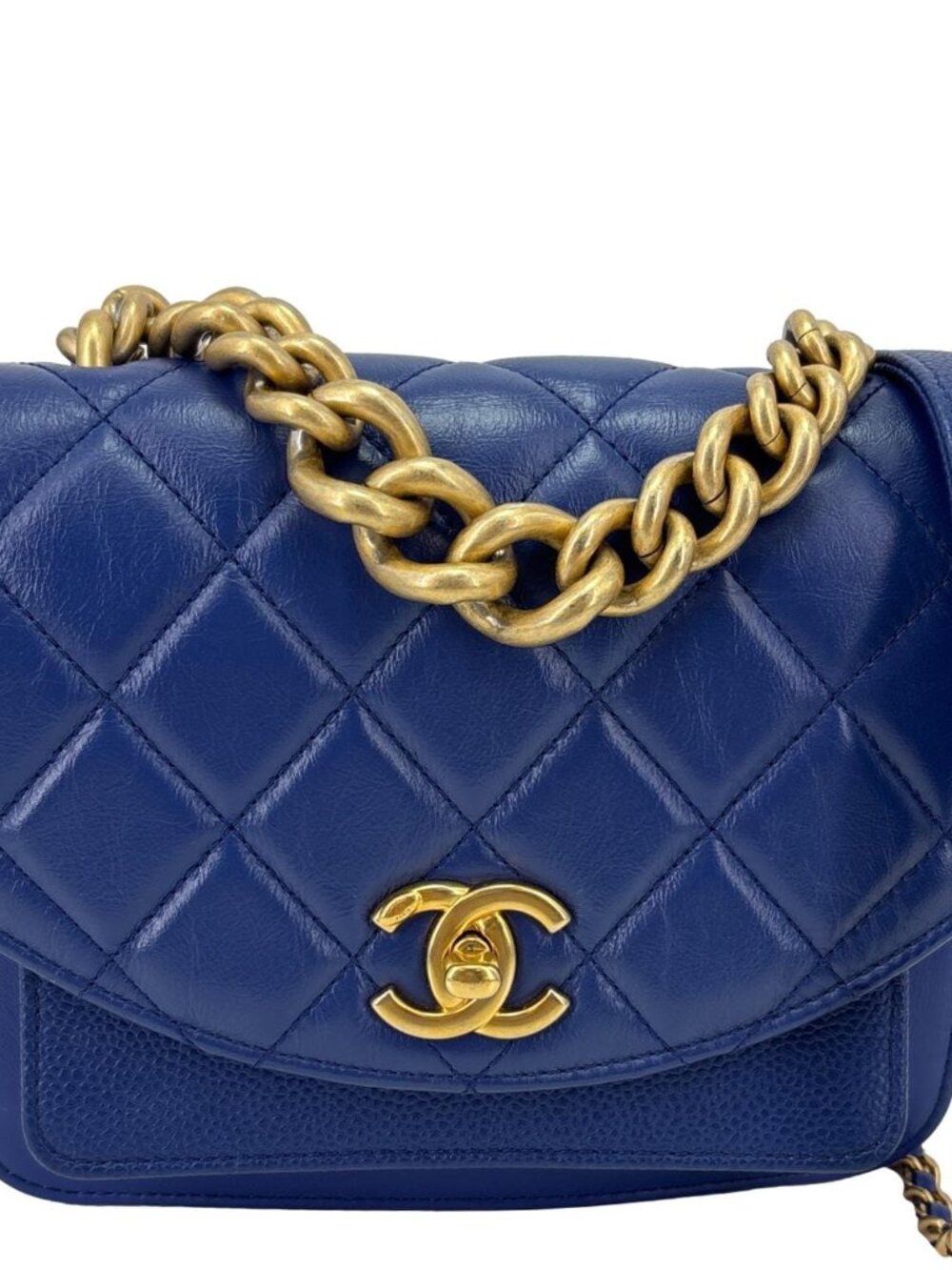 Chanel Handle Flap Mini Quilted Caviar Calfskin Leather Chain Shoulder Bag Blue